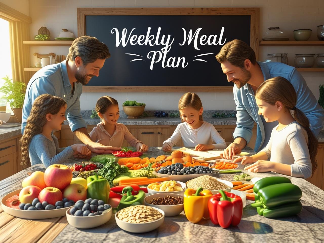 Family planning healthy meals in a kitchen with fresh vegetables, grains, and a weekly meal plan chart on the table.