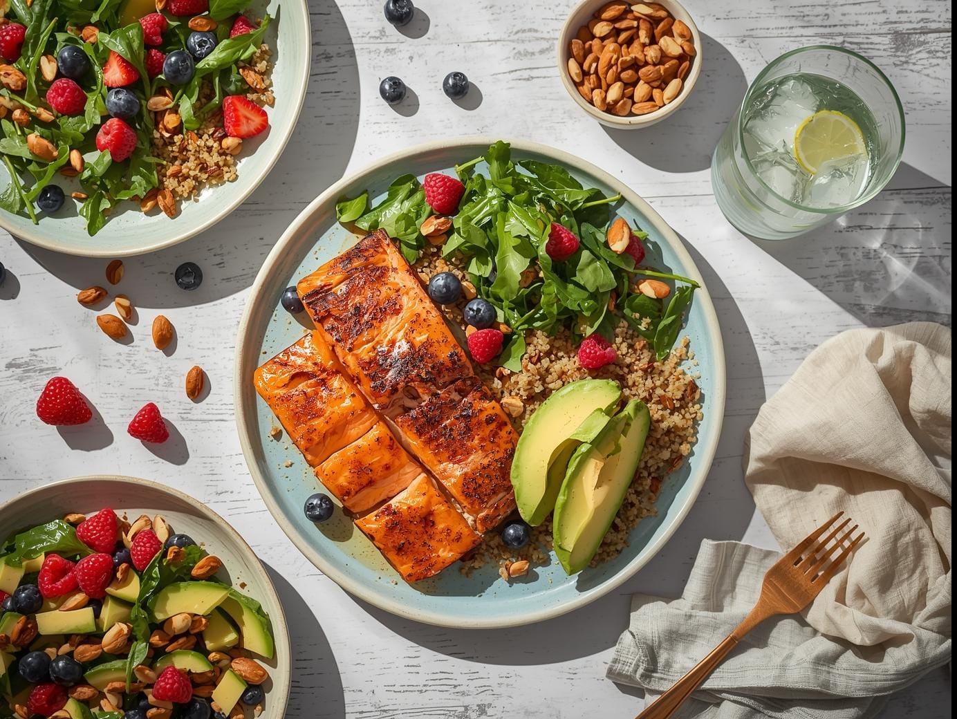 Colorful heart healthy meal plan with salmon, quinoa, avocado, fresh vegetables, nuts, and berries served on a wooden table.