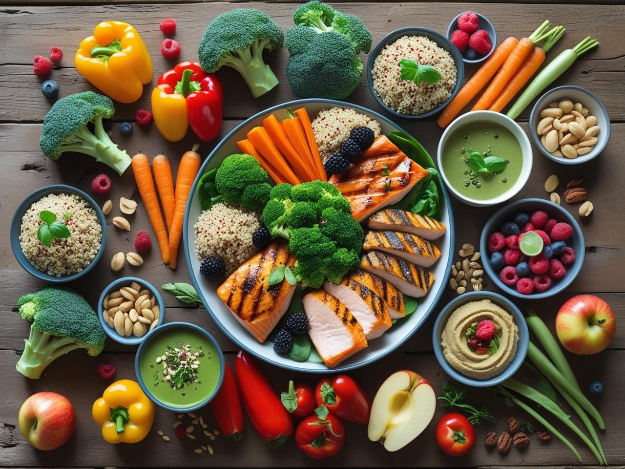 Healthy meals and snacks with fresh vegetables, fruits, grains, and protein-rich foods arranged on a table