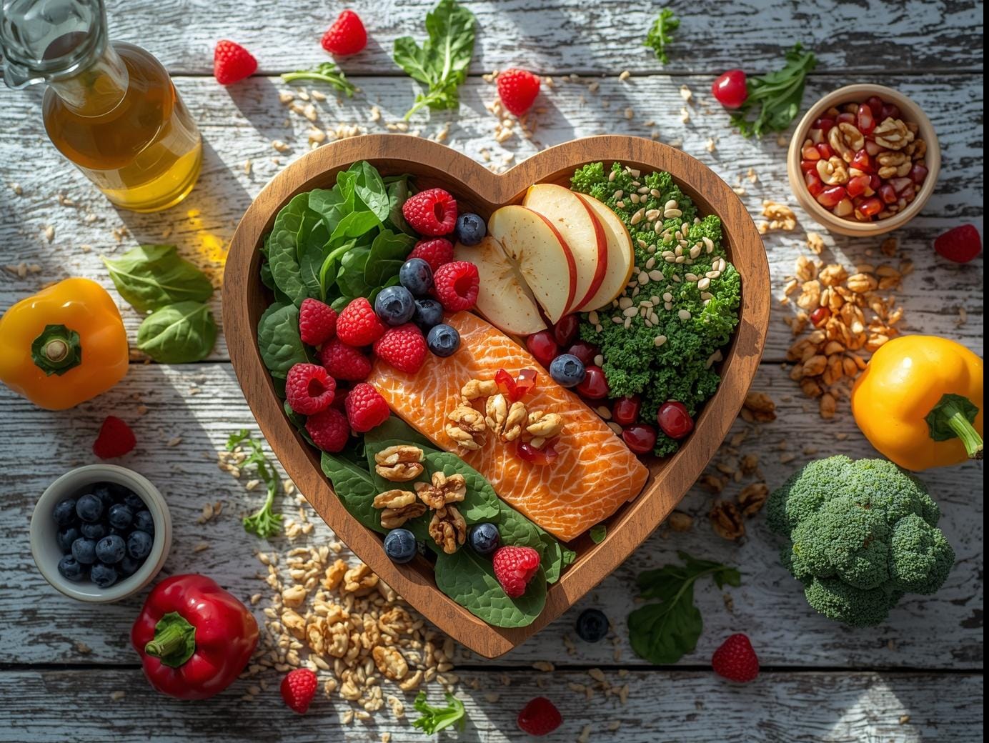 Heart-healthy diet foods including salmon, berries, nuts, and leafy greens in a heart-shaped bowl for better cardiovascular health