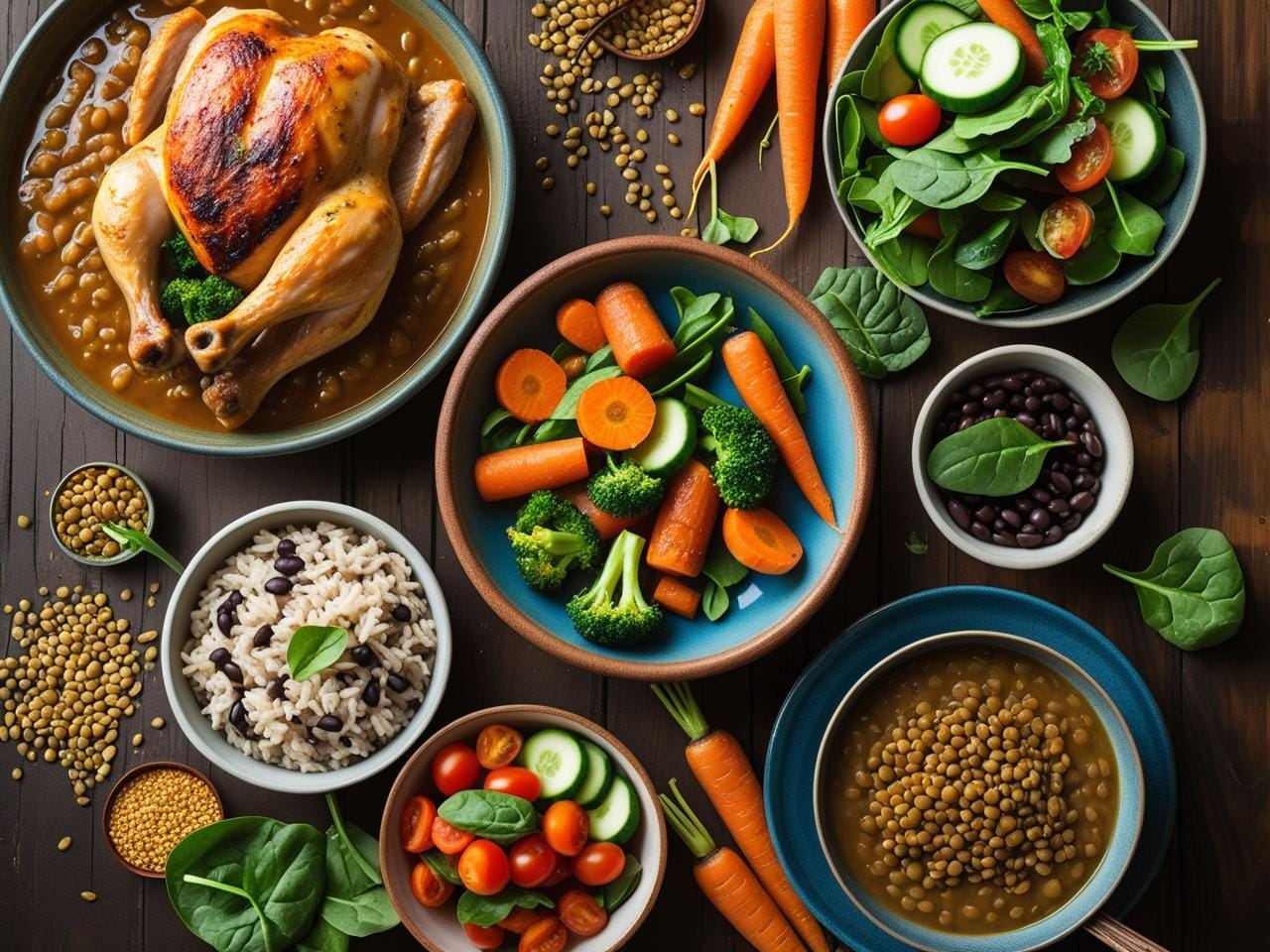 Healthy budget-friendly dinner ideas featuring lentil soup, roasted chicken, rice and beans, and seasonal vegetables on a rustic wooden table.
