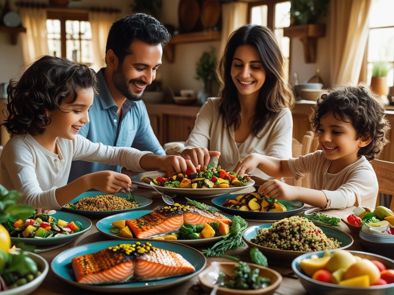 Family gathered around a dinner table enjoying colorful healthy meals together with vegetables, fish, grains, and fresh fruit.