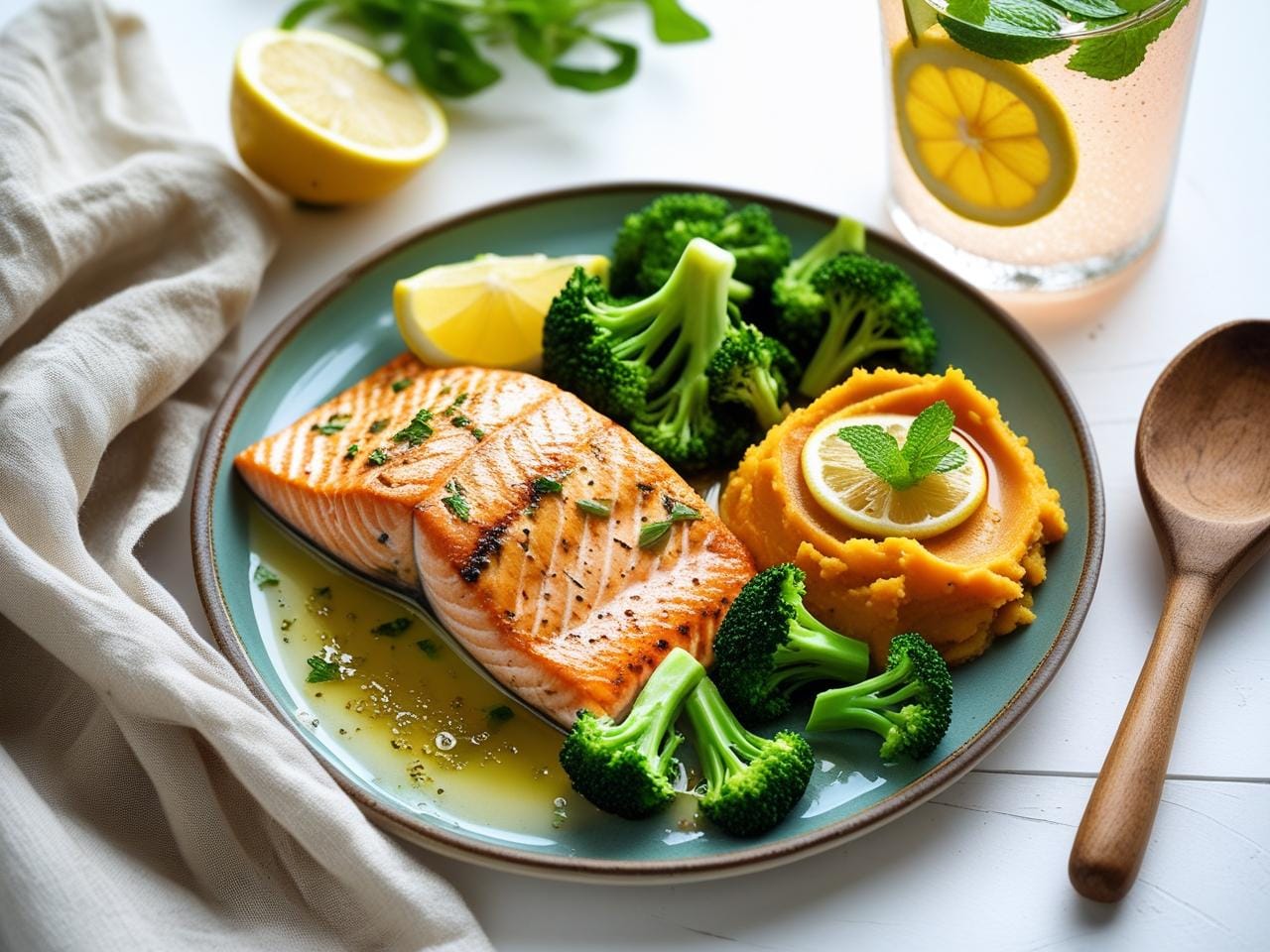 Healthy meal for cancer patients featuring grilled salmon, vegetables, and infused water for healing and strength