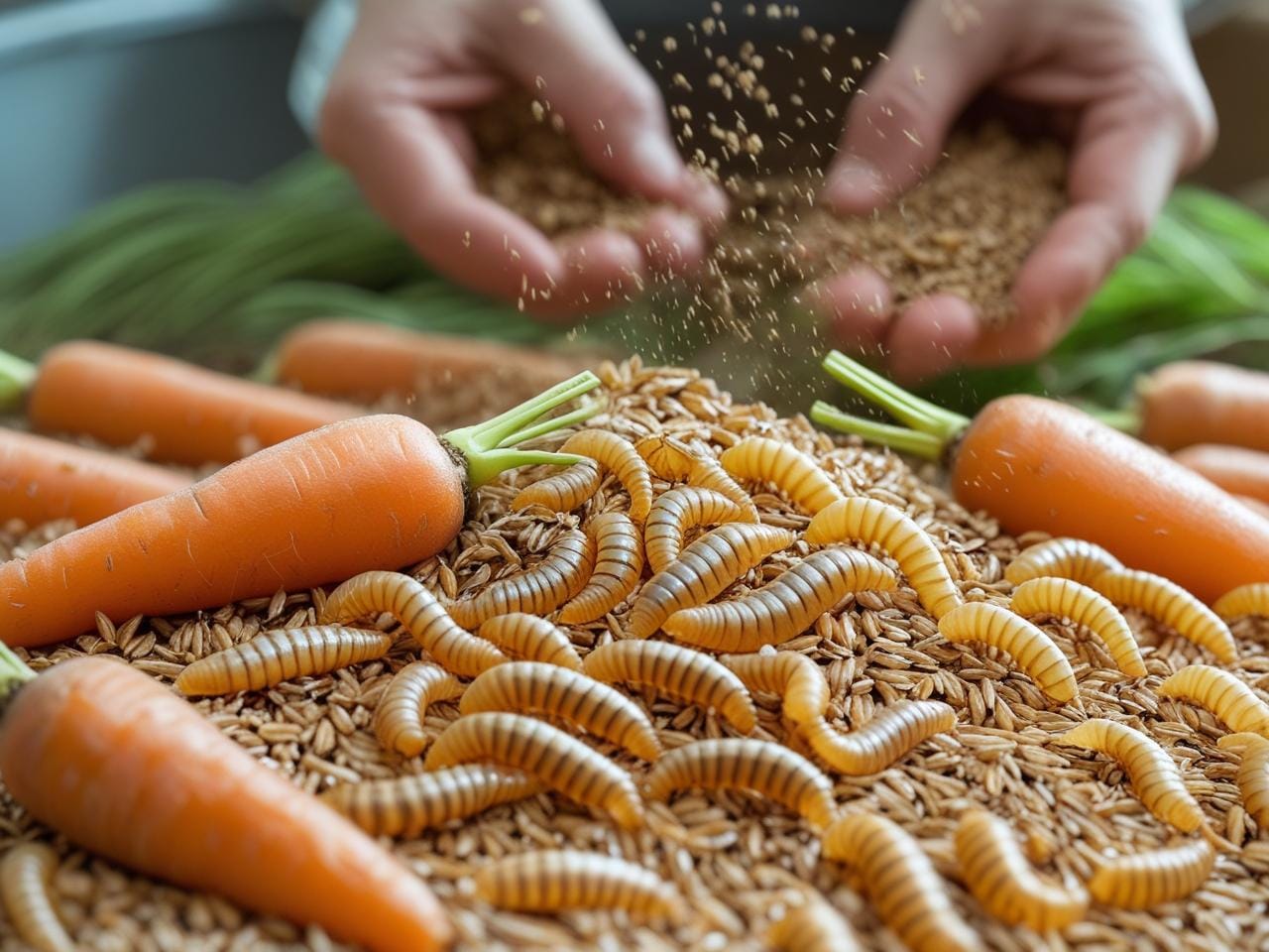 Close-up of mealworms feeding on carrots and wheat bran in a container, showcasing proper nutrition and growth environment.