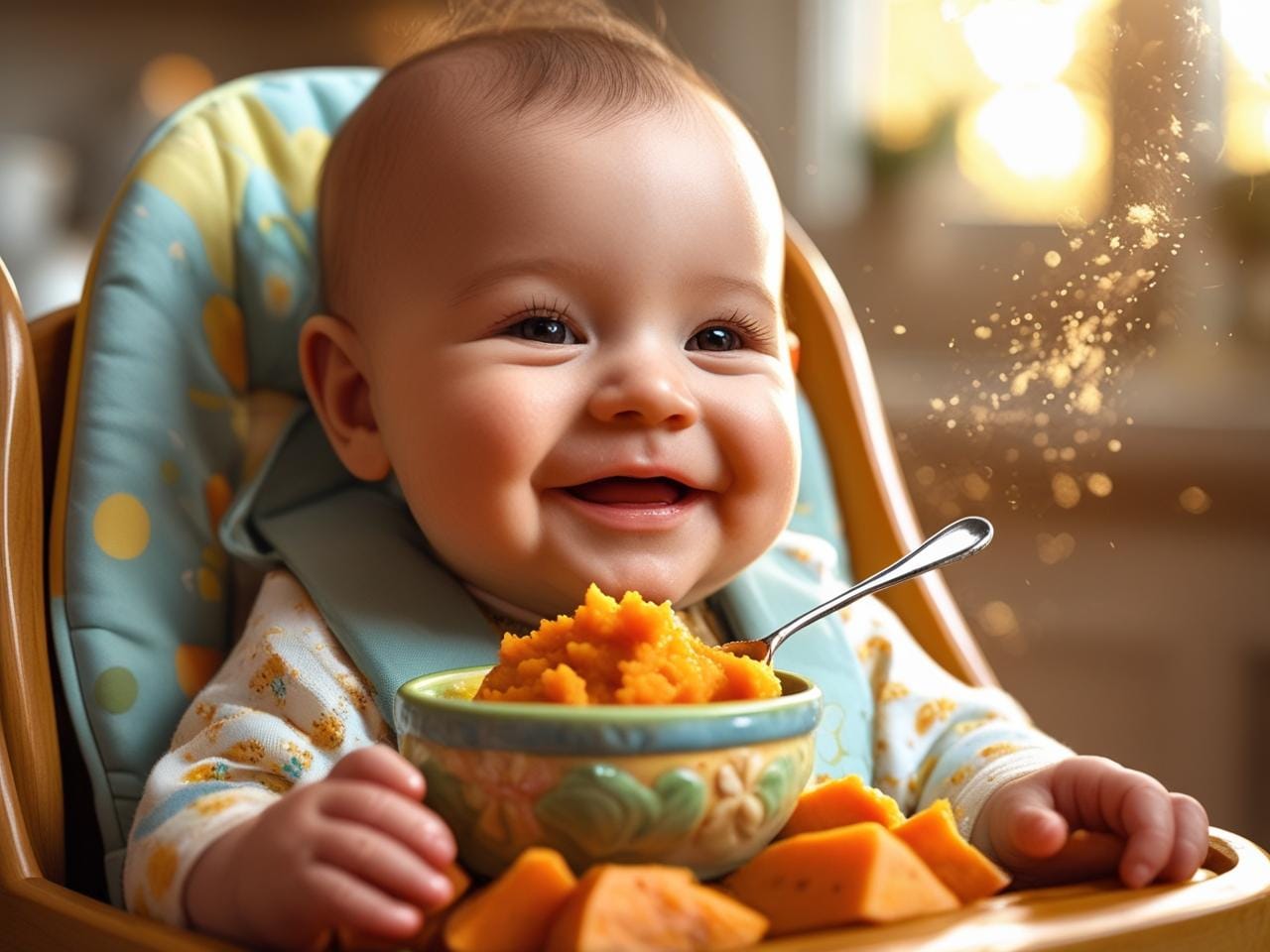 Baby enjoying wholesome food — mashed sweet potatoes in a colorful bowl, highlighting nutritious baby meals.