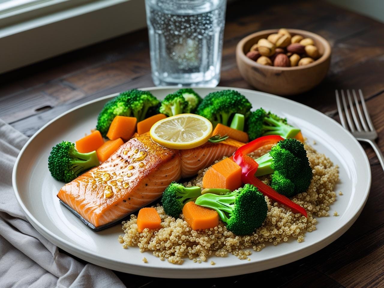 Healthy balanced meal with grilled salmon, quinoa, and steamed vegetables on a plate with water and nuts.