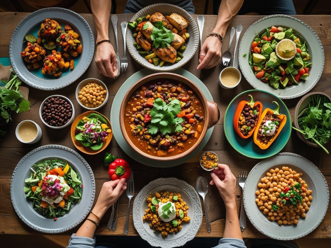 Healthy budget-friendly dinner ideas on a rustic table including vegetarian chili, sheet pan chicken with vegetables, stuffed peppers, and baked sweet potatoes.