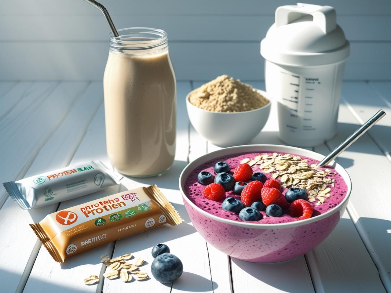 Healthy meal replacement options including a protein shake, smoothie bowl, protein bar, and meal replacement powder on a light background.