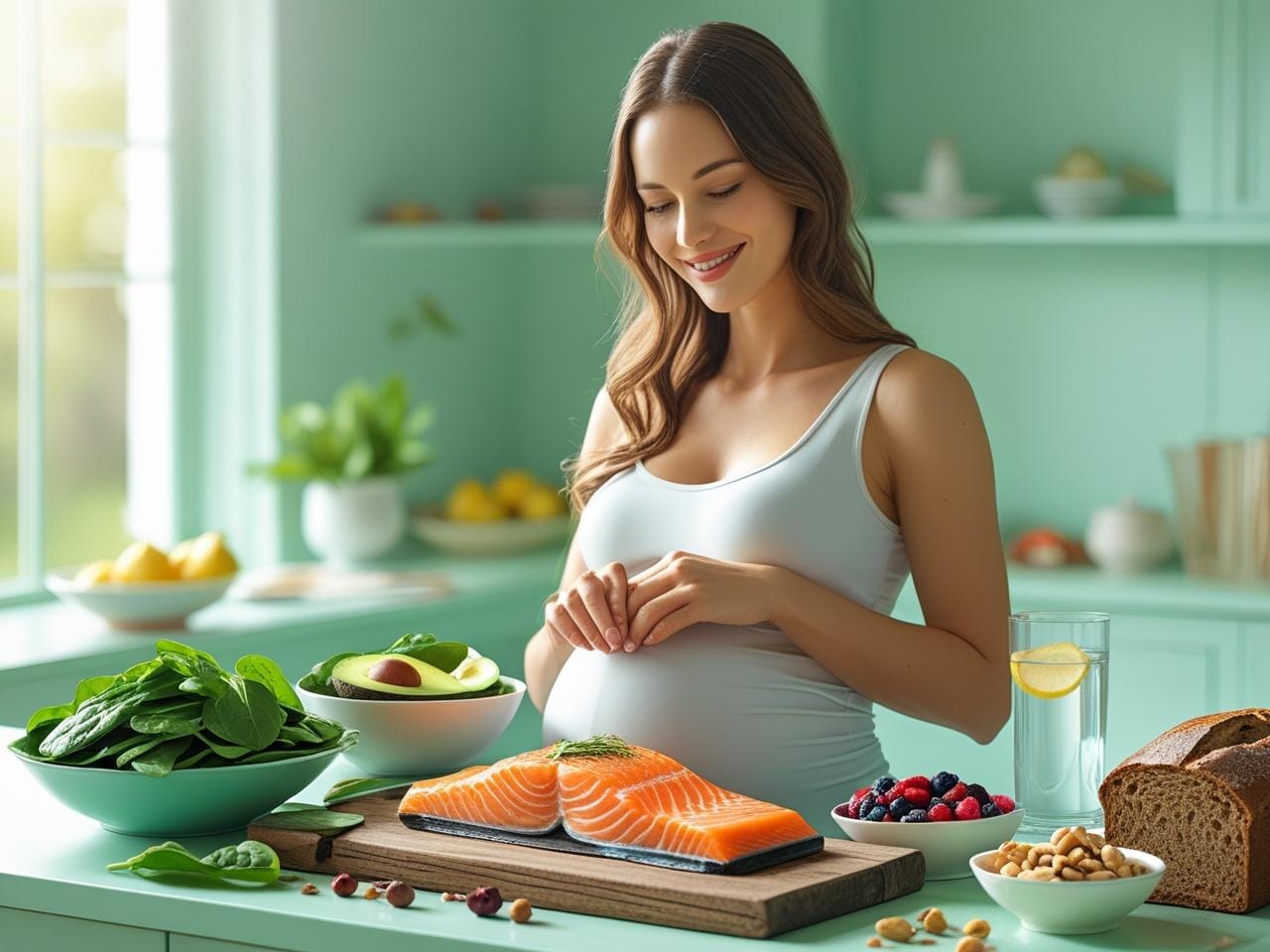 Healthy meals for pregnancy – expecting mother preparing a colorful plate with salmon, avocado, spinach, berries, nuts, and whole grains in a bright kitchen.