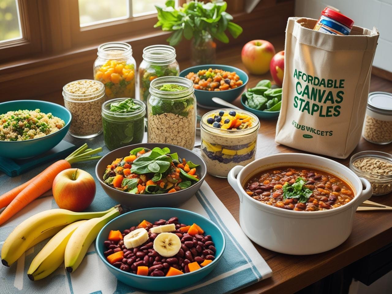 Healthy meals on a budget with quinoa, beans, seasonal vegetables, overnight oats, and mason jar salads displayed on a kitchen table.