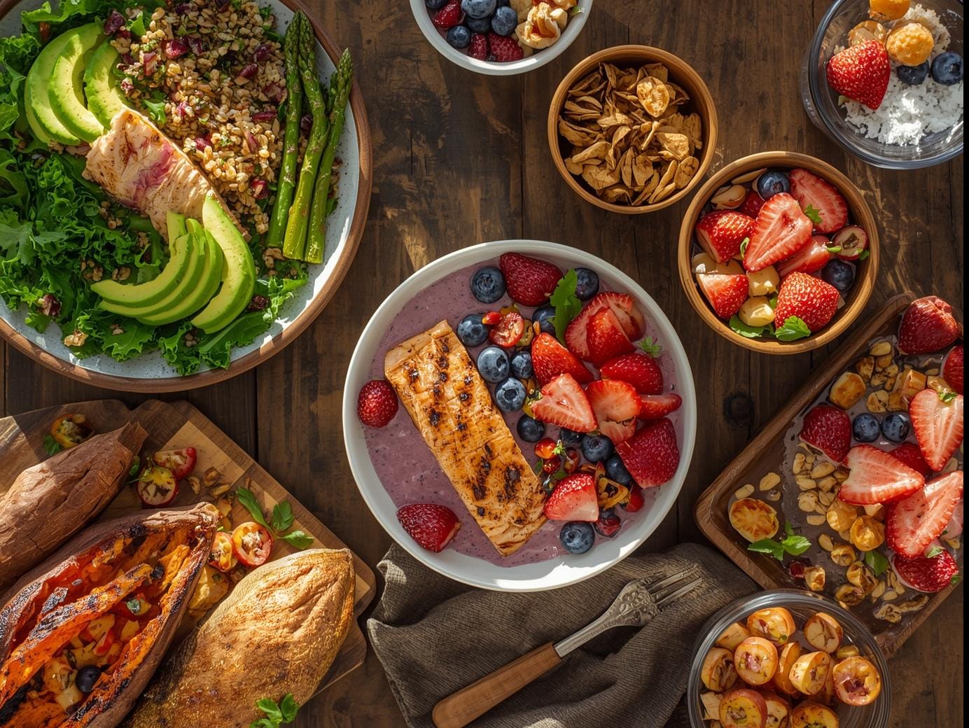 Popular healthy American food spread with quinoa salad, grilled salmon, smoothie bowls, roasted vegetables, and seasonal fruits on a rustic table.