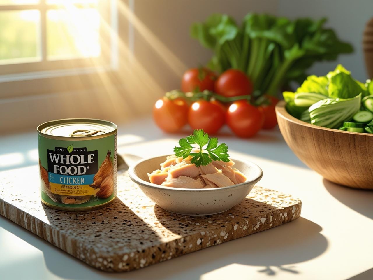 Whole food canned chicken opened on cutting board with fresh vegetables and salad ingredients in modern kitchen.